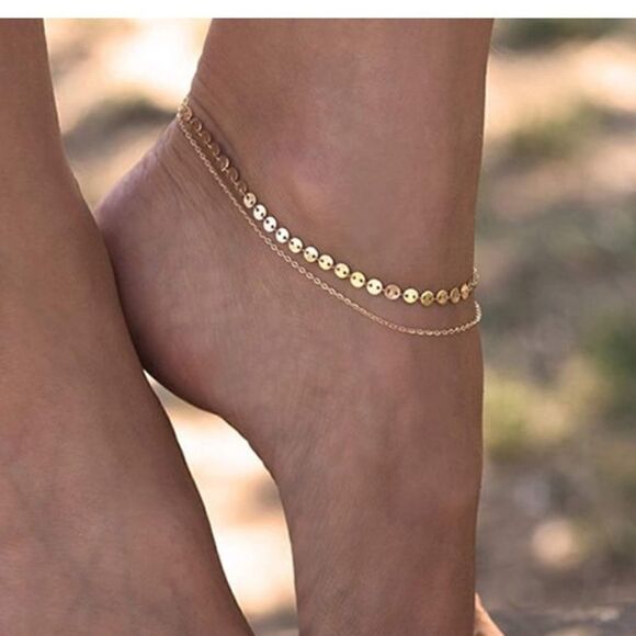 14k Gold Layered Disc Chain Anklet Ankle Bracelet - Picture 1 of 7